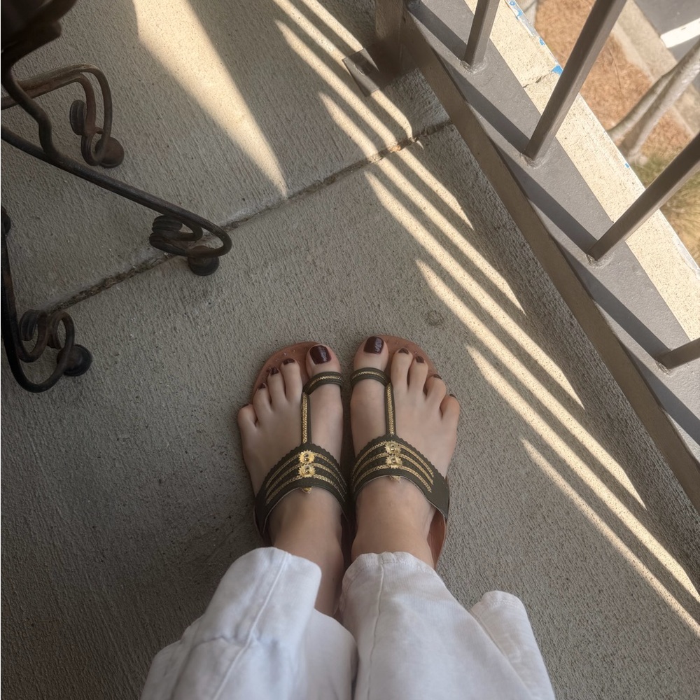 Olive Green Slide Sandals with Gold Beaded Trim